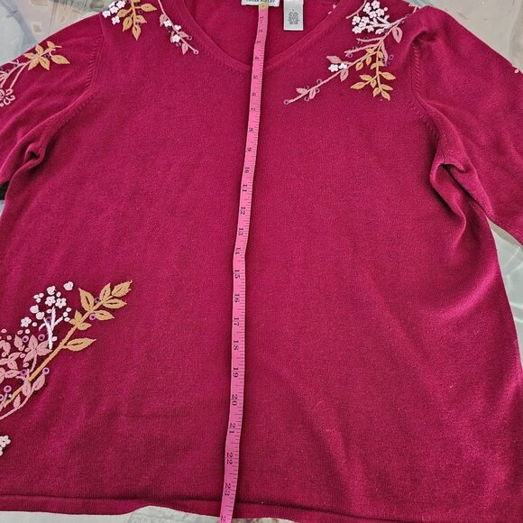 Laura Ashley Womens Burgundy Floral Embroidered V-Neck Sweater L Romantic Boho - Picture 5 of 12